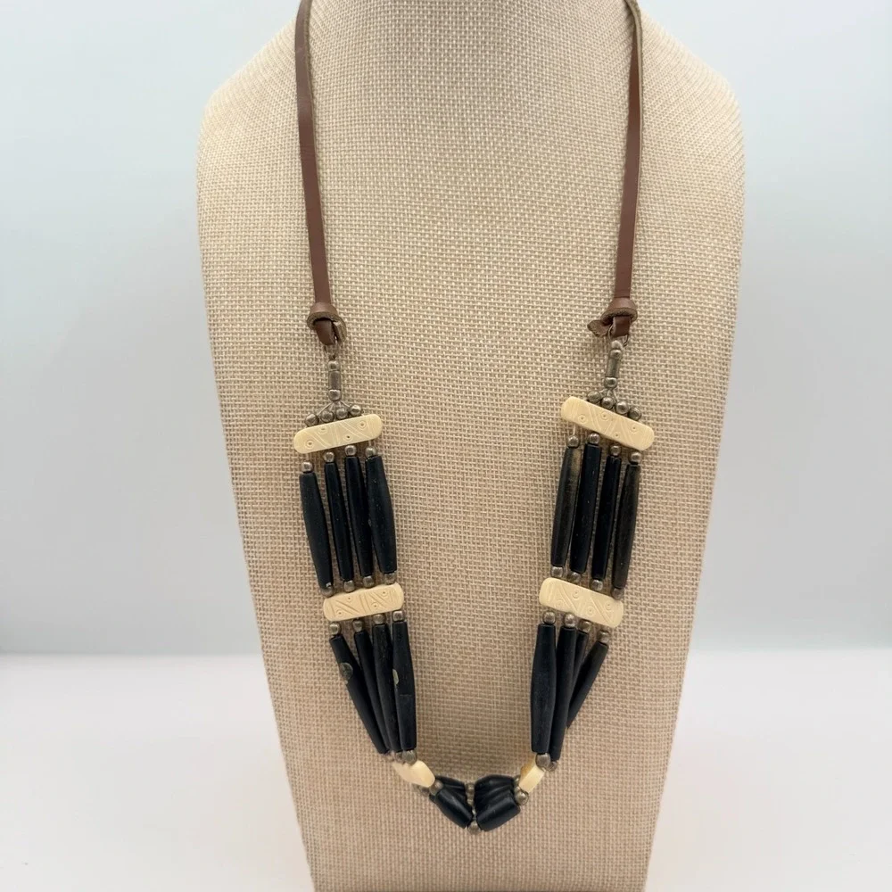 Vintage 90s Tribal Statement Necklace Wood Glass Beads Leather Cord Boho Jewelry
